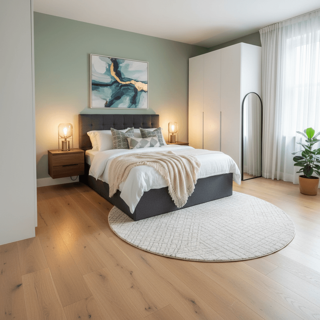 Bedroom renovation with updated flooring and décor