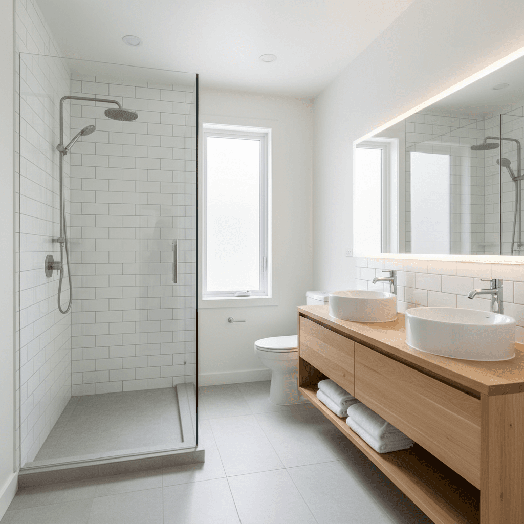 Contemporary bathroom renovation with modern fixtures and tiling