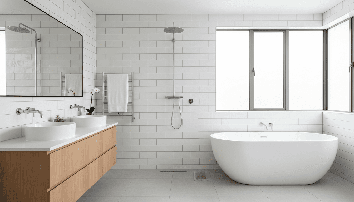 Contemporary bathroom with modern fixtures and neutral tile design